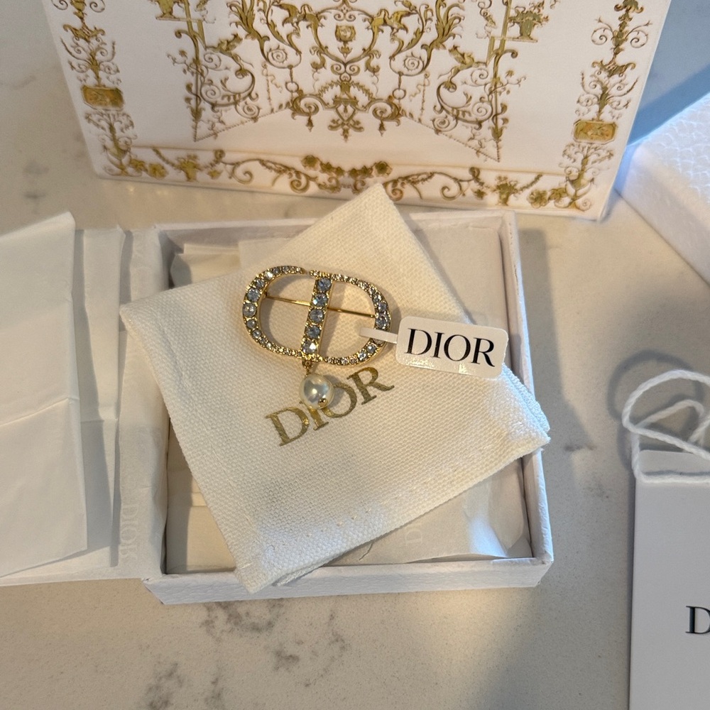 Dior CD Brooch Gold Finish Metal with Pearl and Silver Tone Crystle